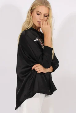 Rebellious Fashion Black Satin Oversized Embroidered Jacket - North
