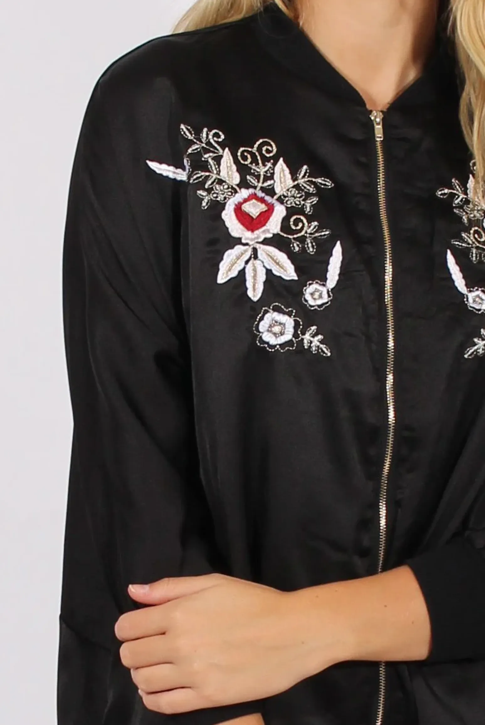 Rebellious Fashion Black Satin Oversized Embroidered Jacket - North