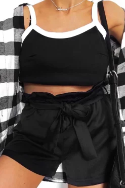 Rebellious Fashion Black Satin Paper Bag Waist Shorts - Laityn