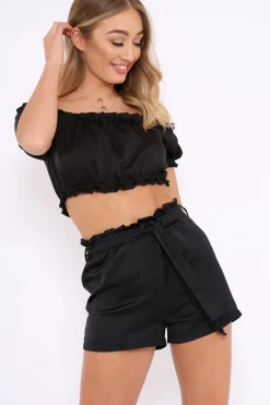 Rebellious Fashion Black Satin Paper Bag Waist Shorts - Laityn