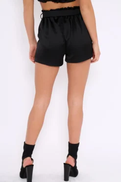 Rebellious Fashion Black Satin Paper Bag Waist Shorts - Laityn
