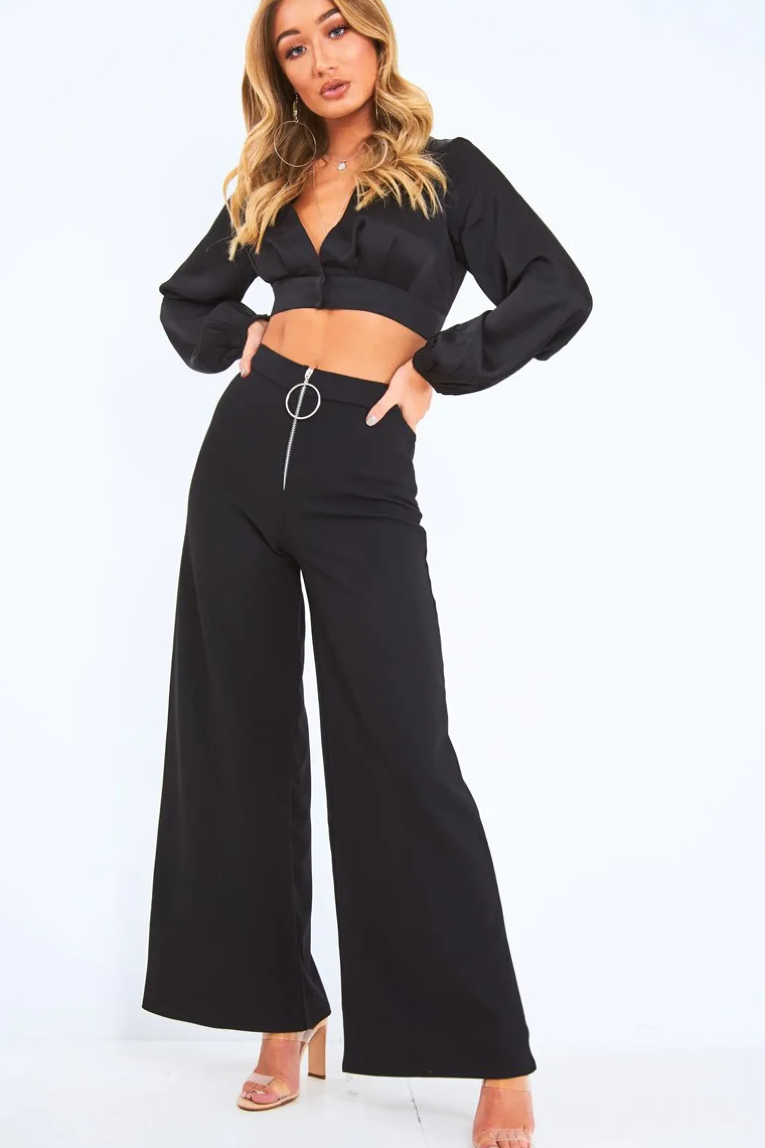 Rebellious Fashion Black Satin Plunge Crop Blouse - Cailah