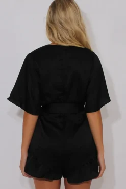Rebellious Fashion Black Satin Plunge Flared Sleeve Tied Waist Playsuit - Crystal