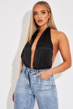 Rebellious Fashion Black Satin Plunge Halter Bodysuit - Aleesia