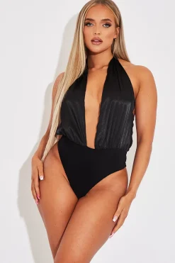 Rebellious Fashion Black Satin Plunge Halter Bodysuit - Aleesia