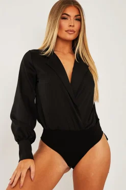 Rebellious Fashion Black Satin Plunge Lapel Collar Bodysuit - Danica