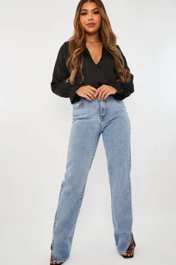 Rebellious Fashion Black Satin Plunge Wrap Bodysuit - Penelopi