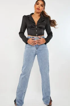 Rebellious Fashion Black Satin Puff Shoulder Crop Top - Ciarra