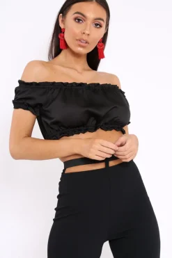 Rebellious Fashion Black Satin Ruched Bardot Gypsy Crop Top - Becky