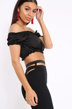 Rebellious Fashion Black Satin Ruched Bardot Gypsy Crop Top - Becky