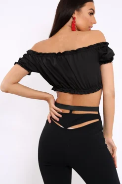 Rebellious Fashion Black Satin Ruched Bardot Gypsy Crop Top - Becky