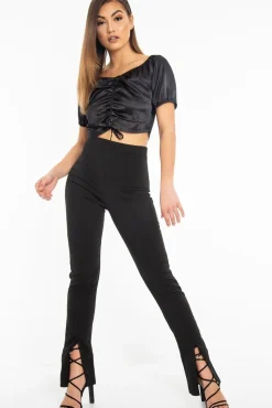 Rebellious Fashion Black Satin Ruched Front Puff Sleeve Crop Top - Selina