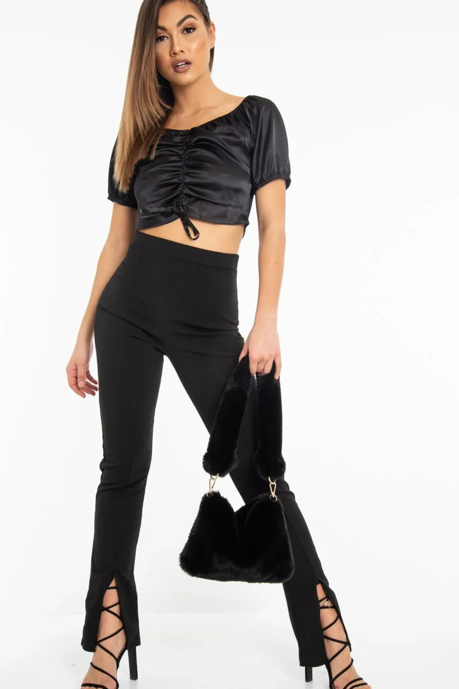 Rebellious Fashion Black Satin Ruched Front Puff Sleeve Crop Top - Selina