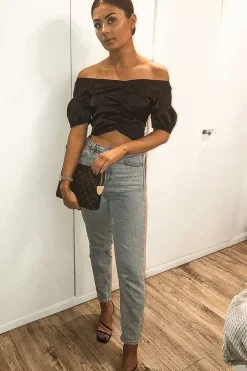Rebellious Fashion Black Satin Ruched Front Puff Sleeve Crop Top - Selina