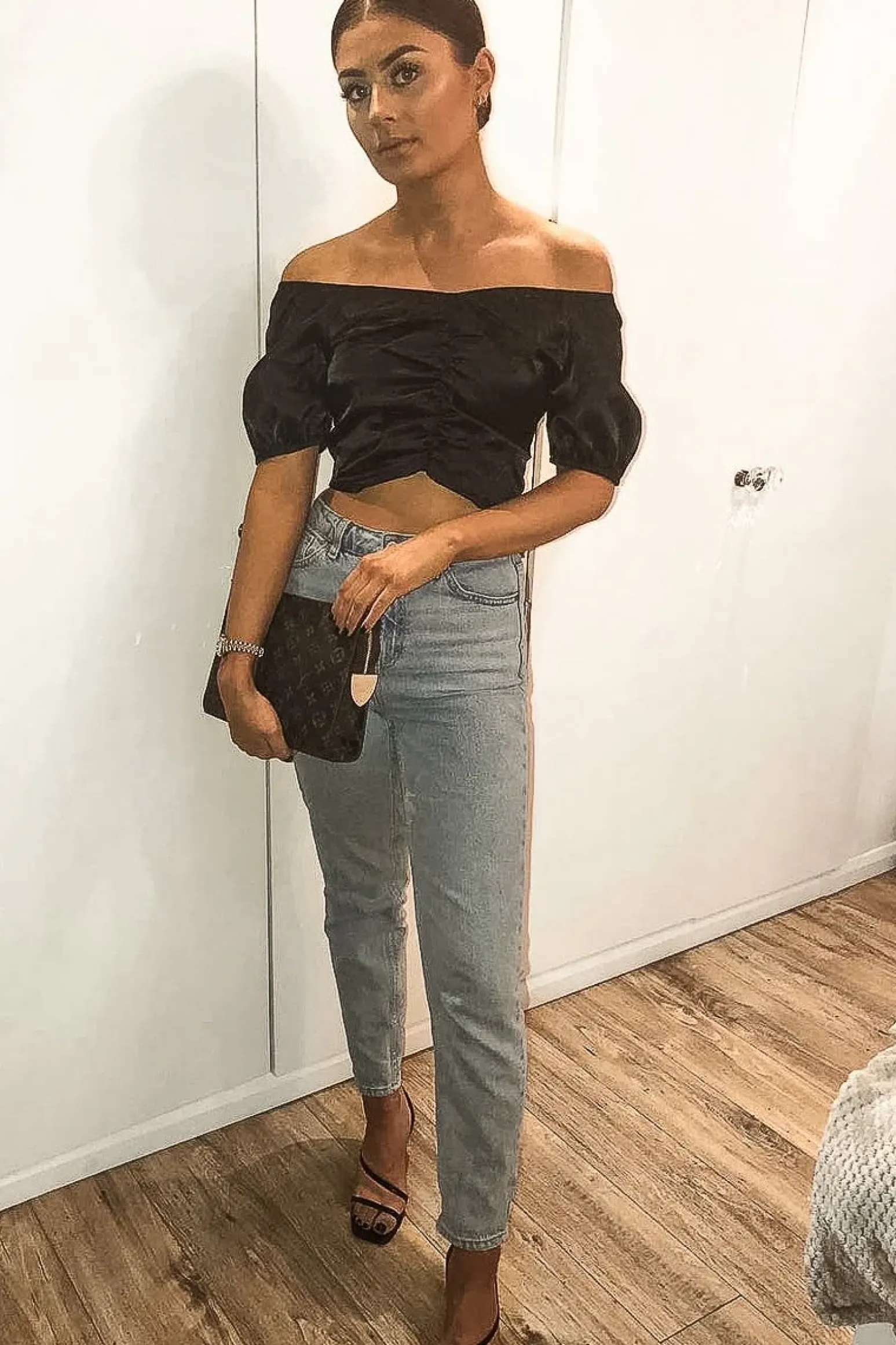 Rebellious Fashion Black Satin Ruched Front Puff Sleeve Crop Top - Selina