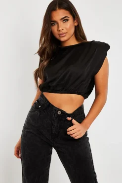 Rebellious Fashion Black Satin Ruched Shoulder Pad Crop Top - Darina