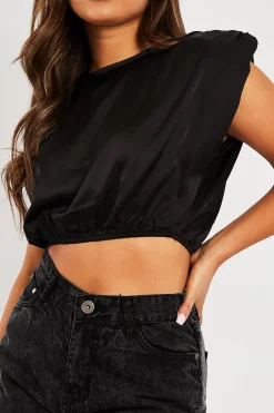 Rebellious Fashion Black Satin Ruched Shoulder Pad Crop Top - Darina