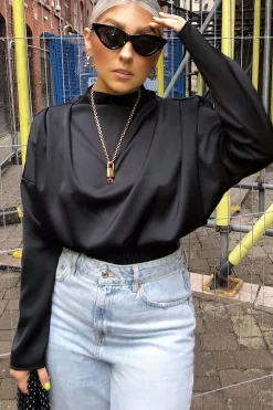 Rebellious Fashion Black Satin Shoulder Pad Shirred Waist Blouse - Farida