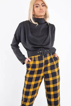 Rebellious Fashion Black Satin Shoulder Pad Shirred Waist Blouse - Farida