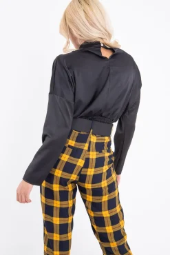 Rebellious Fashion Black Satin Shoulder Pad Shirred Waist Blouse - Farida