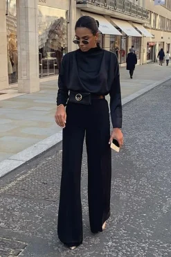 Rebellious Fashion Black Satin Shoulder Pad Shirred Waist Blouse - Farida