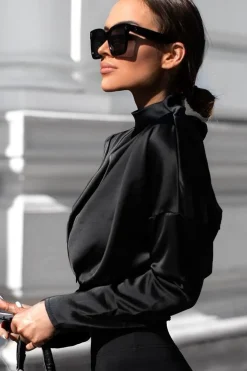 Rebellious Fashion Black Satin Shoulder Pad Shirred Waist Blouse - Farida