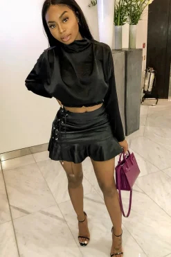 Rebellious Fashion Black Satin Shoulder Pad Shirred Waist Blouse - Farida