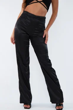 Rebellious Fashion Black Satin Straight Leg Trousers - Rose