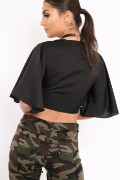 Rebellious Fashion Black Satin Tie Crop Top - Alara