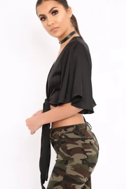 Rebellious Fashion Black Satin Tie Crop Top - Alara