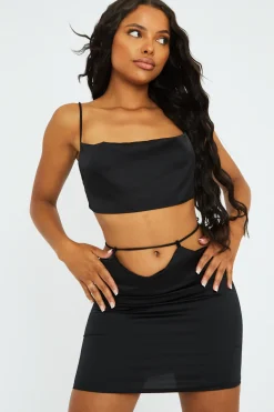 Rebellious Fashion Black Satin Tie Detail Mini Skirt - Vana