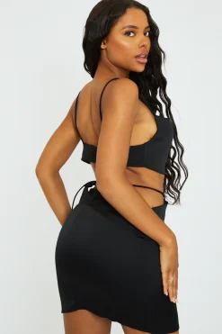 Rebellious Fashion Black Satin Tie Detail Mini Skirt - Vana
