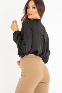 Rebellious Fashion Black Satin Tie Front Long Sleeve Blouse - Cherie