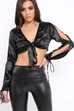 Rebellious Fashion Black Satin Tie Front Top - Gweneth