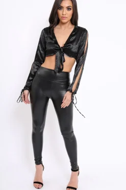 Rebellious Fashion Black Satin Tie Front Top - Gweneth