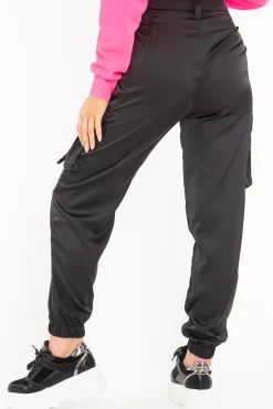 Rebellious Fashion Black Satin Utility Pocket Cuffed Hem Trousers - Delilah