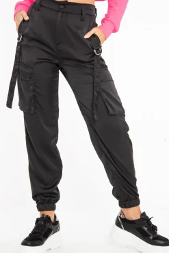 Rebellious Fashion Black Satin Utility Pocket Cuffed Hem Trousers - Delilah