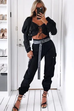 Rebellious Fashion Black Satin Utility Pocket Cuffed Hem Trousers - Delilah