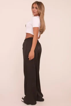 Rebellious Fashion Black Satin Wide Leg Trouser - Bethel