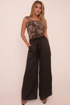 Rebellious Fashion Black Satin Wide Leg Trouser - Bethel