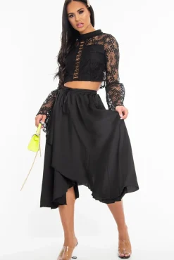 Rebellious Fashion Black Satin Wrap Drawstring Waist Midi Skirt - Scarlett