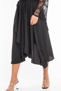 Rebellious Fashion Black Satin Wrap Drawstring Waist Midi Skirt - Scarlett