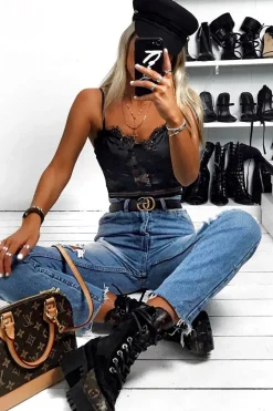 Rebellious Fashion Black Scalloped Lace Satin Bodysuit - Jeriah