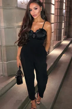 Rebellious Fashion Black Scalloped Lace Satin Bodysuit - Jeriah