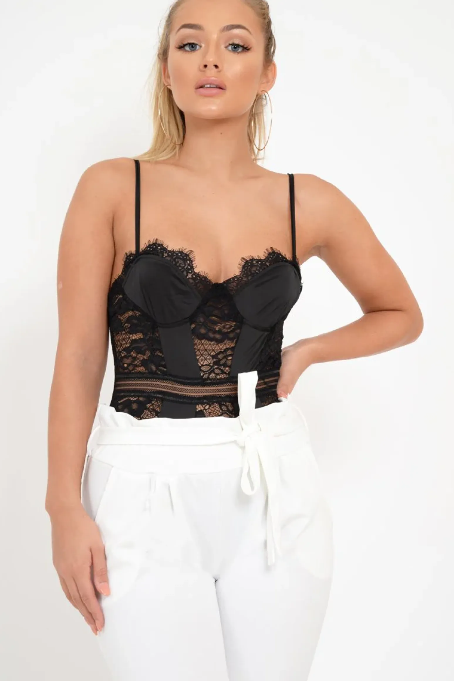 Rebellious Fashion Black Scalloped Lace Satin Bodysuit - Jeriah
