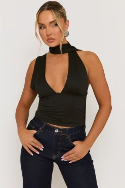 Rebellious Fashion Black Scarf Plunge Top - Gala