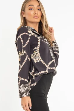 Rebellious Fashion Black Scarf Print Button Up Shirt - Kasen