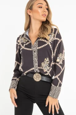 Rebellious Fashion Black Scarf Print Button Up Shirt - Kasen