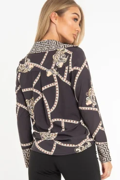 Rebellious Fashion Black Scarf Print Button Up Shirt - Kasen
