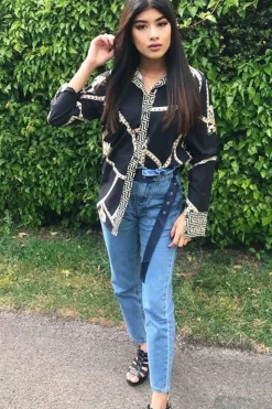 Rebellious Fashion Black Scarf Print Button Up Shirt - Kasen